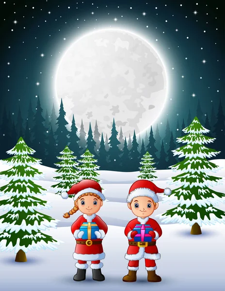 两个孩子在圣诞老人拿着一个礼物盒与冬天背景在晚上 — 图库矢量图片