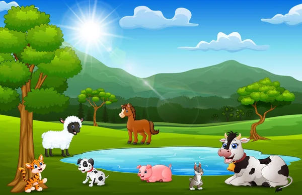 Happy animals farm playing next to small ponds with mountain scenery