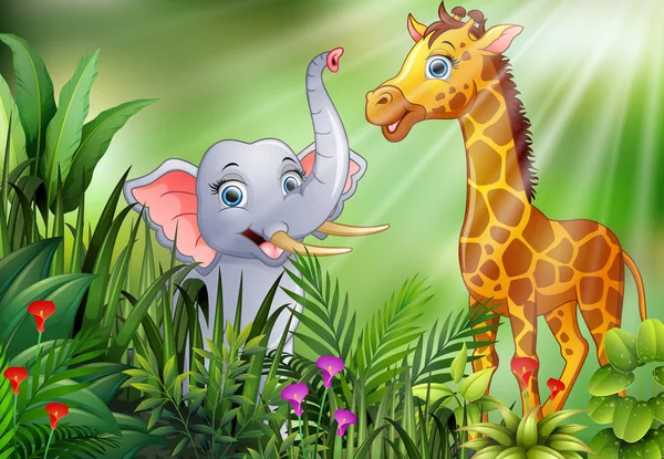 自然场面的动画片与大象和长颈鹿 — 图库矢量图片