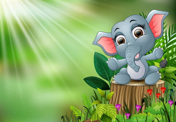 Cartoon Happy Baby Elephant Sitting Tree Stump Green Plants — Stock Vector