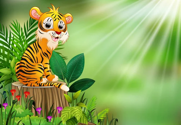 Karikatur Glücklicher Tiger Sitzt Auf Baumstumpf Mit Grünen Pflanzen — Stockvektor