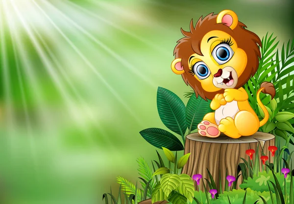 緑の葉と開花植物の木の切り株の上に座って赤ちゃんライオンの漫画 — ストックベクタ