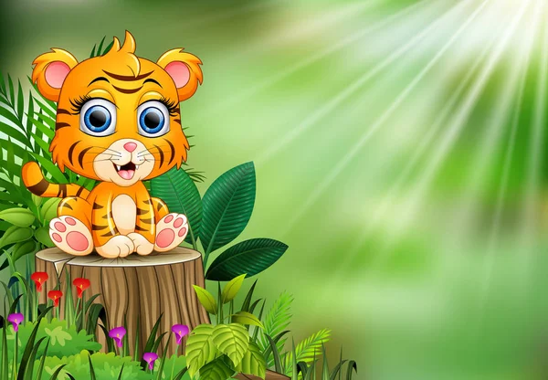 Karikatur Von Baby Tiger Sitzt Auf Baumstumpf Mit Grünen Pflanzen — Stockvektor