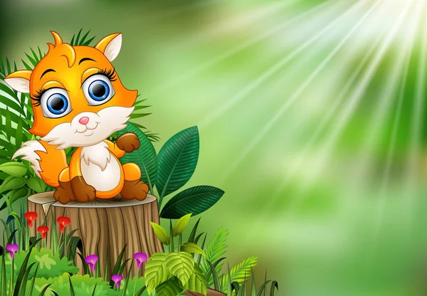 Cartoon Glücklich Baby Fuchs Sitzt Auf Baumstumpf Mit Grünen Pflanzen — Stockvektor