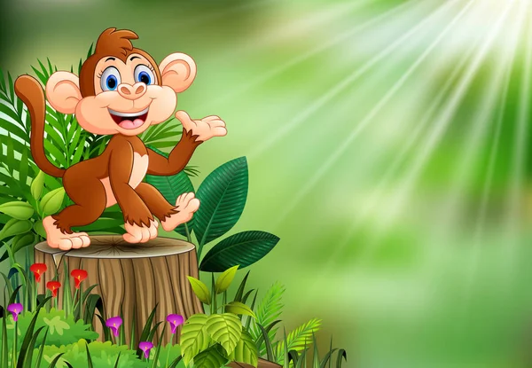 Macaco Feliz Dos Desenhos Animados Sentado Toco Árvore Com Plantas —  Vetores de Stock