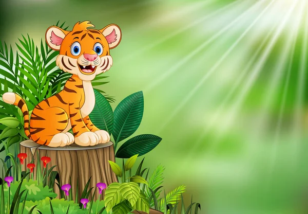 Cartoon Šťastný Tygr Sedí Pařezu Zelenými Rostlinami — Stockový vektor