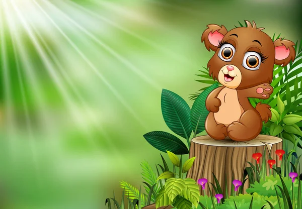Karikatur Von Baby Bär Sitzt Auf Baumstumpf Mit Grünen Blättern — Stockvektor