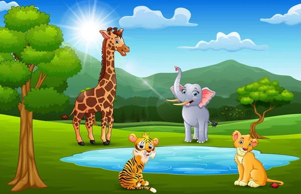 Animales Felices Jugando Junto Pequeños Estanques Con Paisajes Montaña — Vector de stock