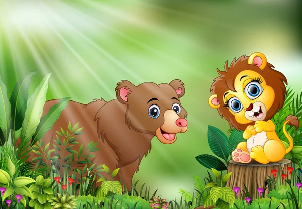 Desenhos Animados Cena Natureza Com Leão Bebê Sentado Toco Árvore — Vetor de Stock