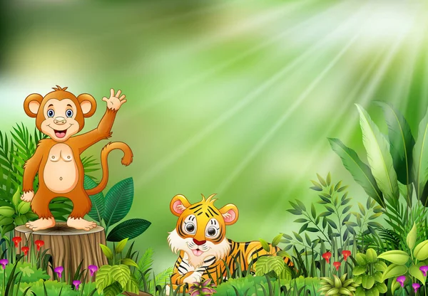 Cartoon of the nature scene with a monkey sitting on tree stump and tiger