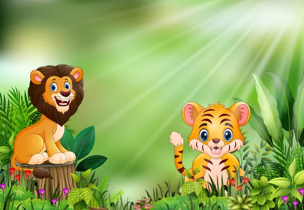 Caricature Scène Nature Avec Lion Debout Sur Souche Arbre Tigre — Image vectorielle