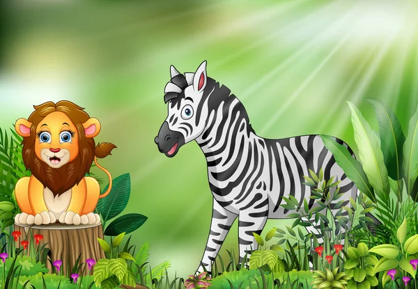 Karikatur Der Naturszene Mit Einem Löwen Auf Baumstumpf Und Zebra — Stockvektor