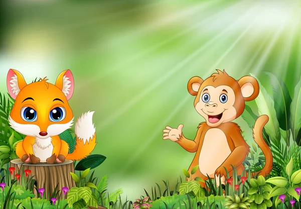 卡通的自然场景与小狐狸站立在树桩和猴子 — 图库矢量图片