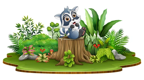 Dibujos Animados Mapache Feliz Sentado Tocón Del Árbol Con Planta — Vector de stock