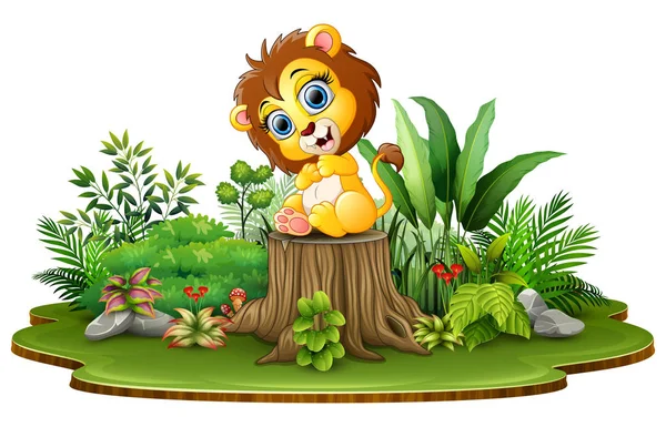 Мультяшний Щасливий Дитина Лев Сидить Дереві Пень Зеленими Рослинами — стоковий вектор