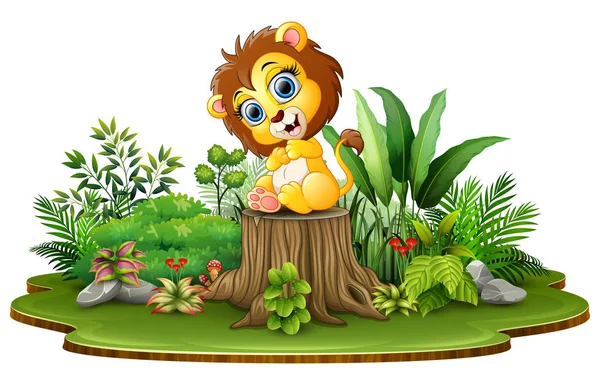 Cartoon Happy Baby Leeuw Zittend Boom Stomp Met Groene Planten — Stockvector