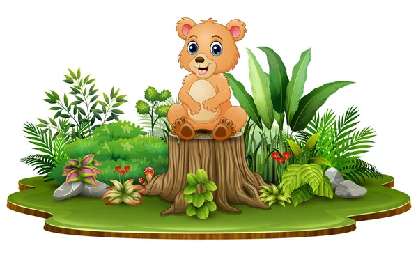 Kartun Bahagia Beruang Duduk Tunggul Pohon Dengan Tanaman Hijau - Stok Vektor