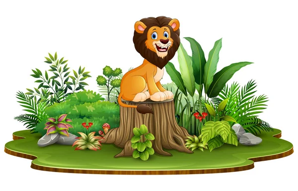 Dibujos Animados León Feliz Sentado Tocón Del Árbol Con Planta — Vector de stock