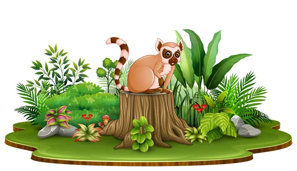 Desenhos Animados Lemur Feliz Sentado Toco Árvore Com Plantas Verdes — Vetor de Stock