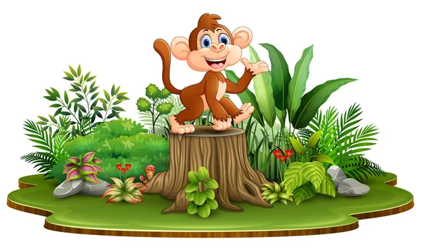 Kartun Bahagia Monyet Berdiri Tunggul Pohon Dengan Tanaman Hijau - Stok Vektor