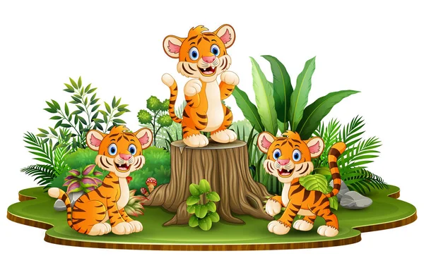 Feliz Grupo Tigre Con Plantas Verdes — Vector de stock