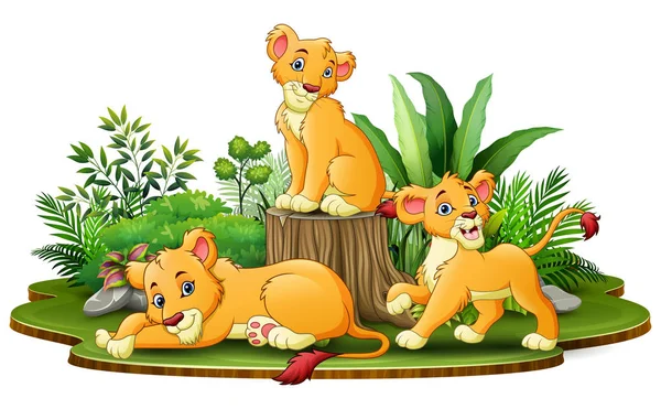 Skupina Lion Karikatura Parku Zelenými Rostlinami — Stockový vektor