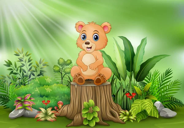 Lindo Oso Bebé Sentado Tronco Árbol Con Plantas Verdes — Vector de stock