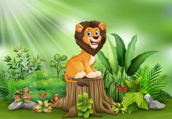 愉快的动画片狮子坐在树桩与绿色植物 — 图库矢量图片