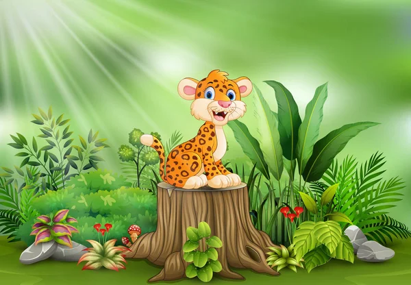 Dibujos Animados Leopardo Feliz Tocón Árbol Con Plantas Verdes — Vector de stock