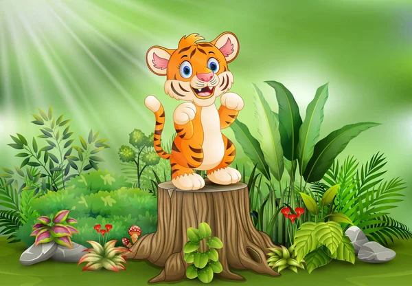 Dibujos Animados Tigre Pie Sobre Tronco Árbol Con Plantas Verdes — Vector de stock