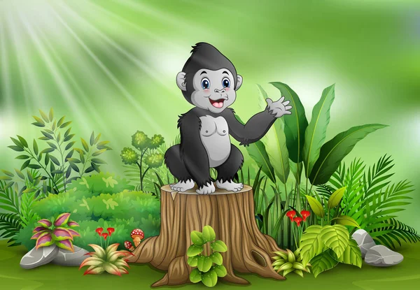 Χαριτωμένο Ένα Μωρό Γορίλλας Στέκεται Στο Κούτσουρο Δέντρο Πράσινα Φυτά — Διανυσματικό Αρχείο