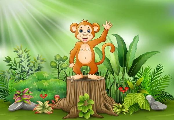 Niedlichen Affen Karikatur Winkt Und Steht Auf Baumstumpf Mit Grünen — Stockvektor