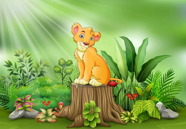 Karikatur Eines Löwen Sitzt Auf Baumstumpf Mit Grünen Pflanzen Hintergrund — Stockvektor