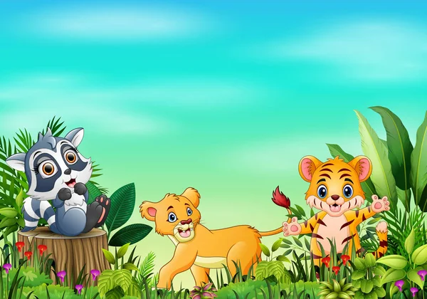 Animal Cartoons Beautiful Gardens Blue Sky — Stock Vector