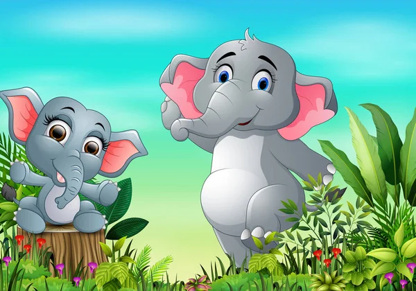 Cartoon Happy Mother Baby Elephant Park — Stock Vector