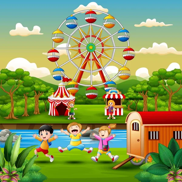 Rajzfilm Gyerekek Szórakozás Vidámpark — Stock Vector