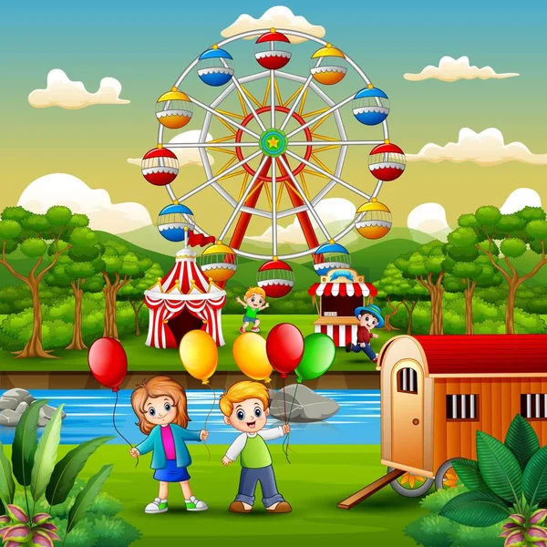 Twee Kinderen Houden Een Ballonnen Plezier Bij Pretpark — Stockvector
