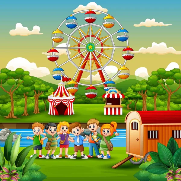 Cartoon Van Schoolkinderen Met Amusement Achtergrond — Stockvector