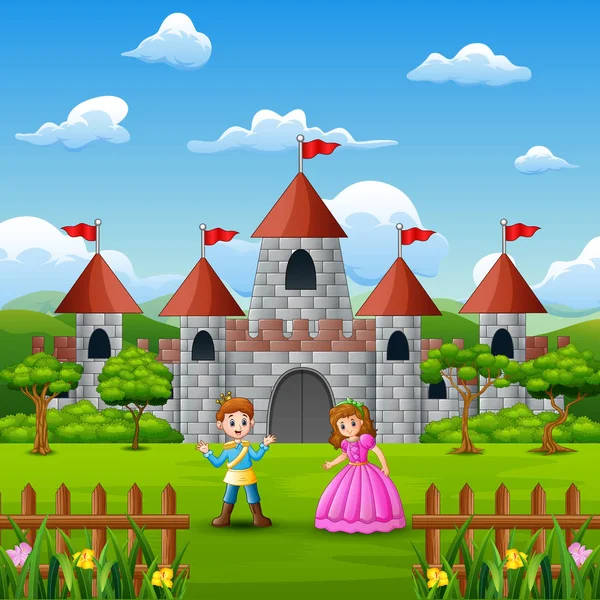 一对公主和王子在城堡前面 — 图库矢量图片