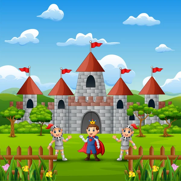 城堡前的一位王子和两个骑士 — 图库矢量图片