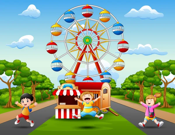 Kinder Tekenfilms Spelen Tegenover Amusement Park — Stockvector