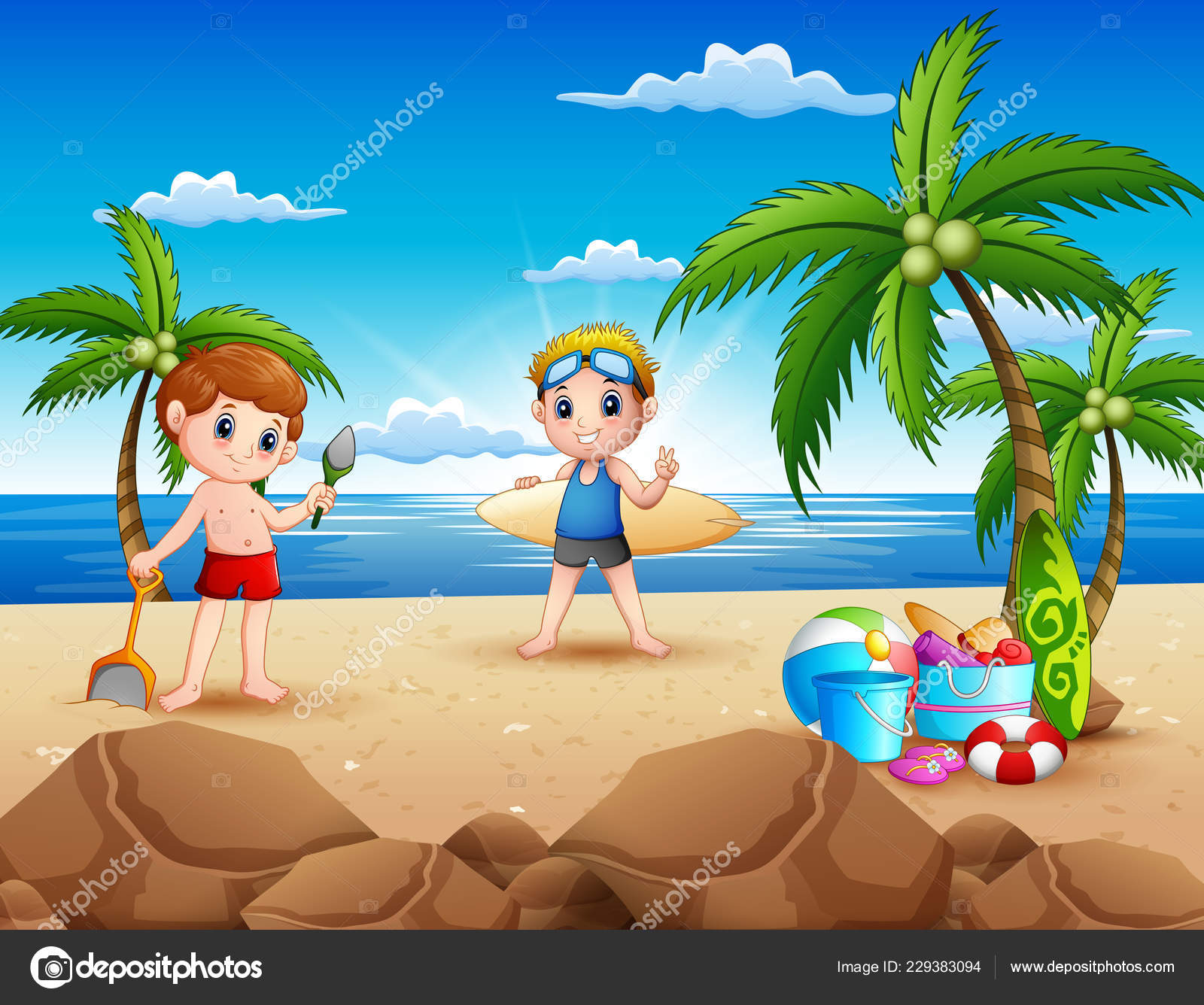 Meninos Dos Desenhos Animados Dos Jogos Da Praia Ilustração do