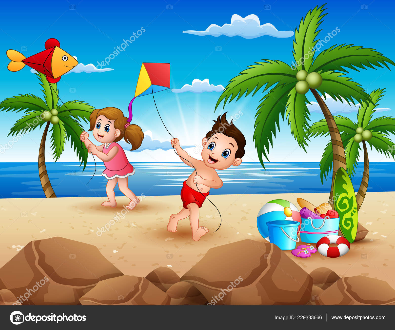 Cartoon Little Children Playing Kites Beach Stock Vector Image by ©dualoro  #229383666
