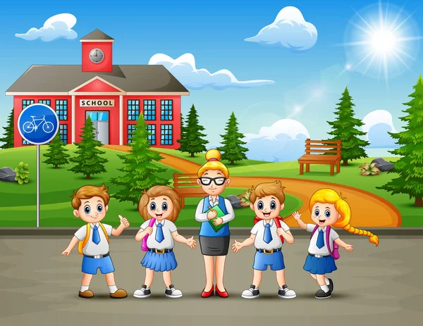 Happy School Children Road School - Stok Vektor