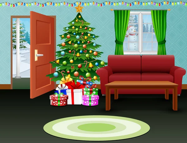 Kerst Woonkamer Met Open Haard Fauteuil Boom Presenteert — Stockvector