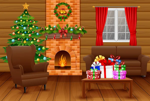 Salon Noël Avec Cheminée Fauteuil Arbre Cadeaux — Image vectorielle