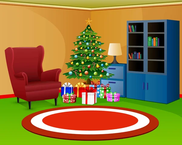 Kerst Kamer Met Boekenkast Een Rode Fauteuil — Stockvector