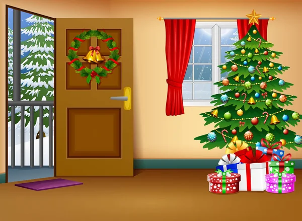 Sala Estar Navidad Con Paisaje Invierno — Vector de stock