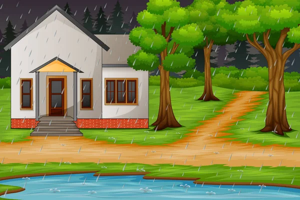 Hintergrundszene Mit Haus See Regen — Stockvektor