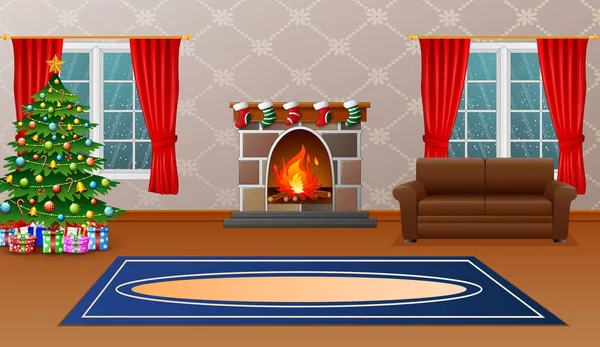 Christmas Living Room Fireplace Armchair Tree Presents — Stock Vector